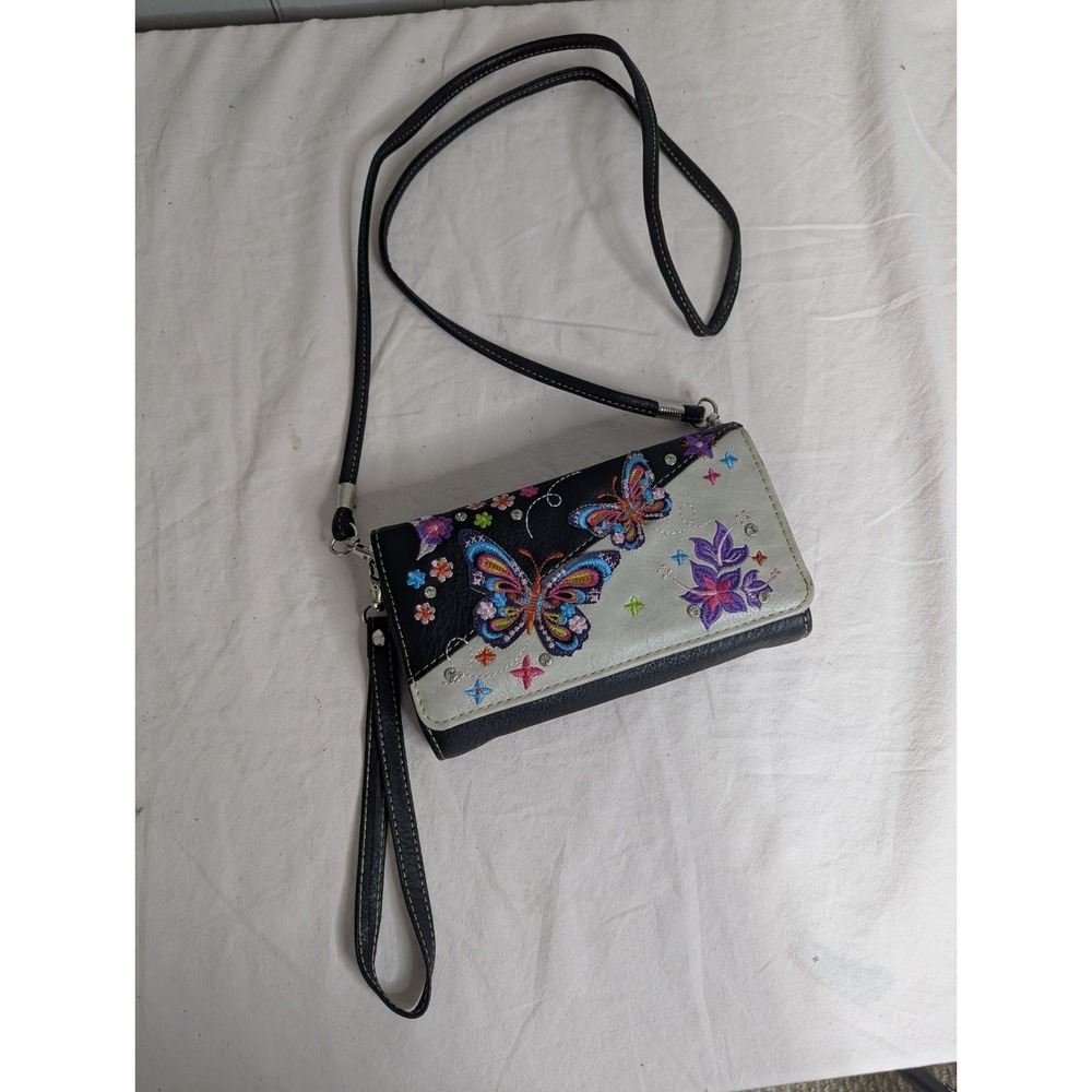 Butterfly embroidered Wallet clutch purse handbag crossbody removable straps